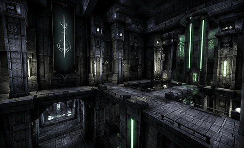 Dark futuristic architectural environment with green light